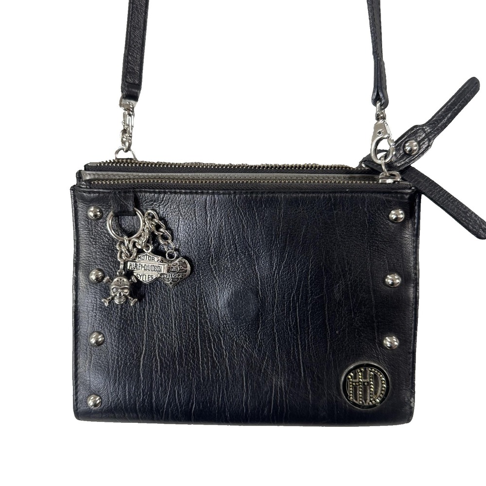 Harley-Davidson Crossbody Bag Womens Small Black Leather Skull Studded Charm